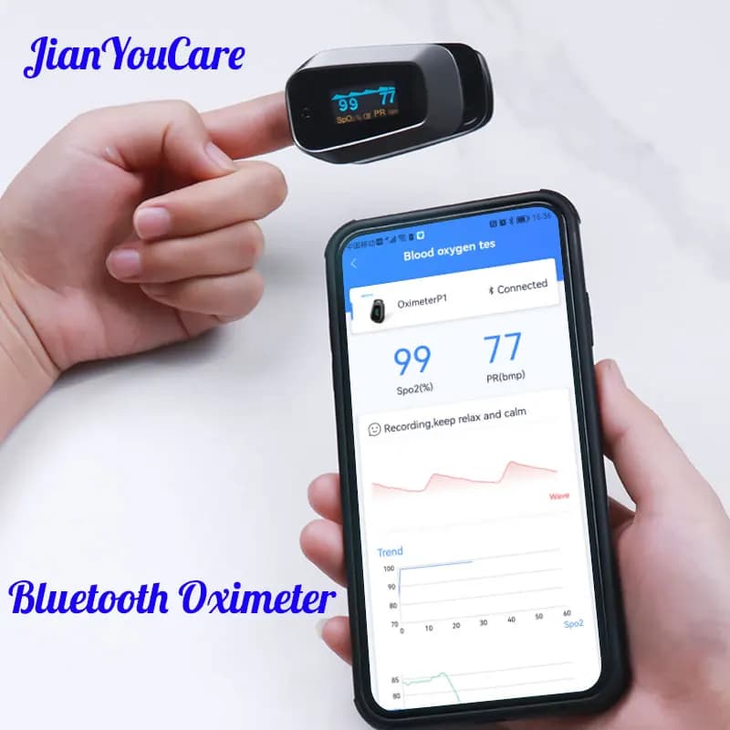 JianYouCare Bluetooth Two Color Wireless Transmission Digital Pulsossimeters spo2 PR with fingertips Pulsossimeter with finger clip