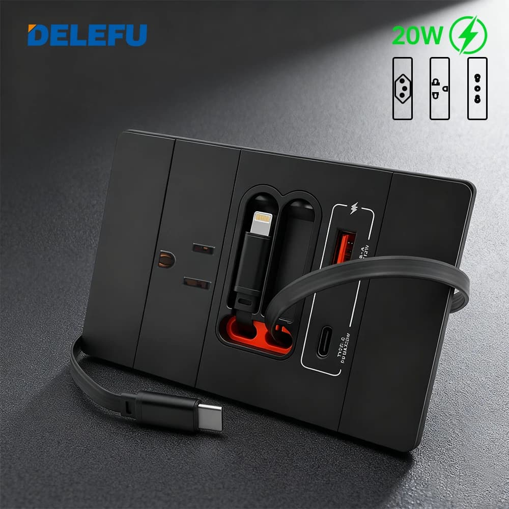 DELEFU Pannello ignifugo per PC standard americano HY-118 Cavo telescopico Presa a muro USB-C a ricarica rapida da 20 W Bianco, Nero, Grigio