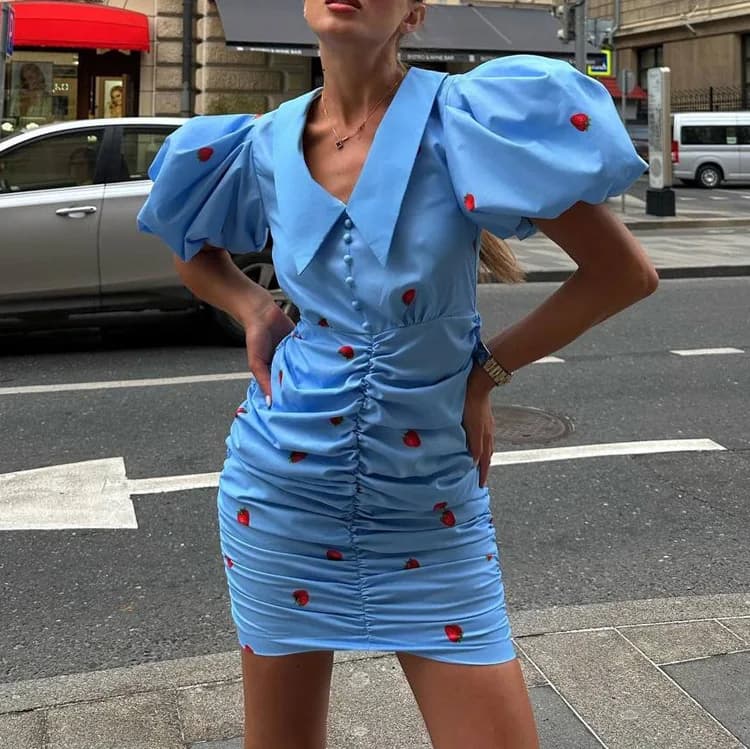 Fashion Lapel Puff Sleeve Single Breasted Dresses Elegant Slim Pleated Mini Dress Summer Casual Blue Print Dresses For Woman