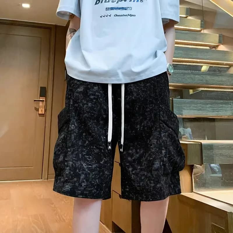 Summer Large Size 250 Pounds Hong Kong Style Workwear Shorts Men's Trendy Brand Star Dyed Sports Loose Five-Quarter Pants