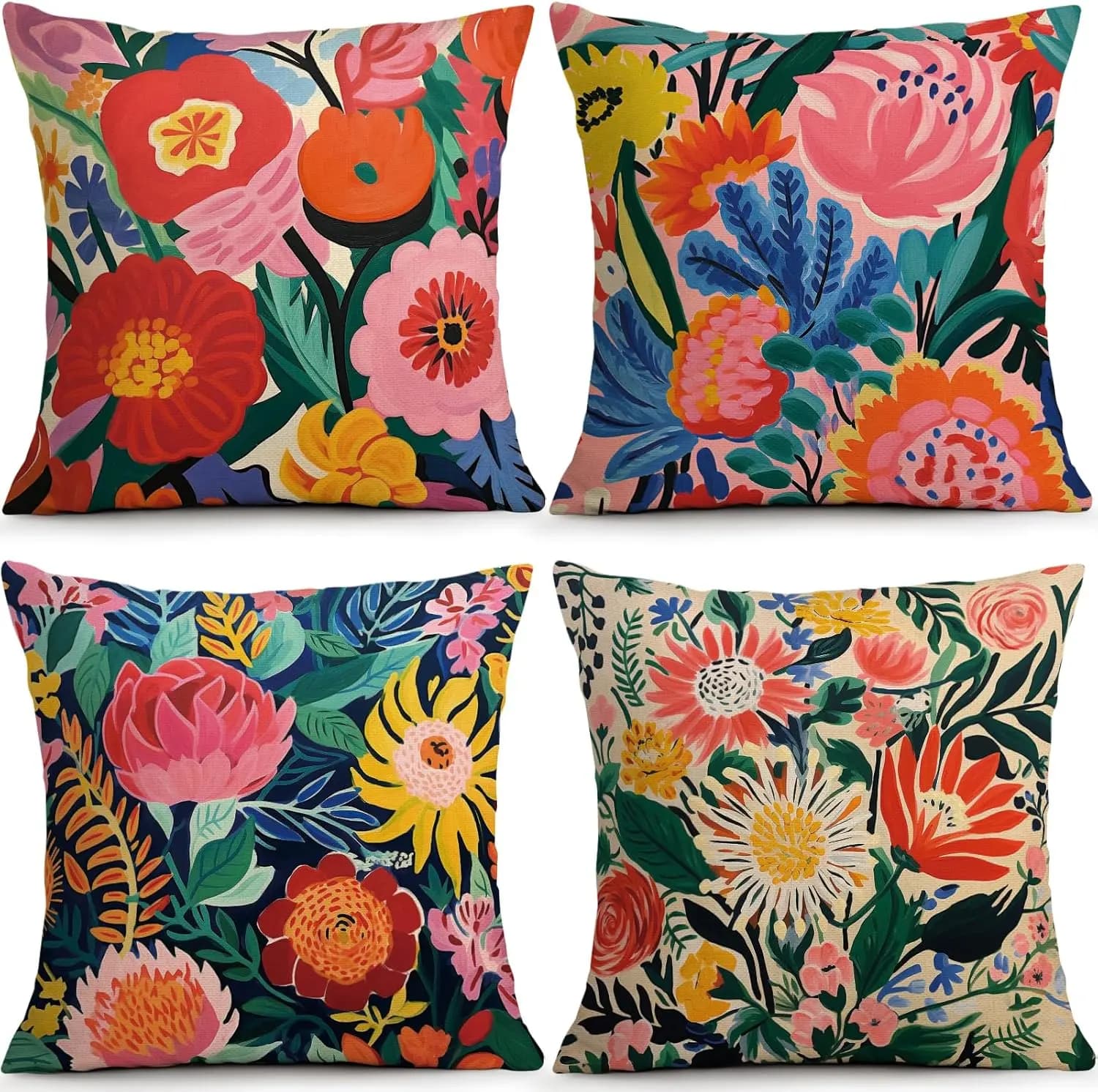 4Pcs Vibrant Floral Throw Pillow Covers with Watercolor-Style Colorful Flower Print Cushion Cases for Sofa Living Room Bedroom