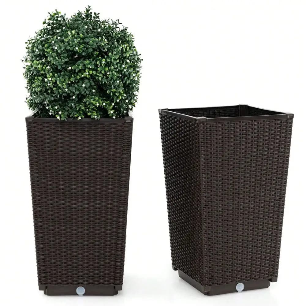 Set di 2 vasi alti da 23 pollici in vimini di rattan, vaso autoirrigante per piante, nero e marrone