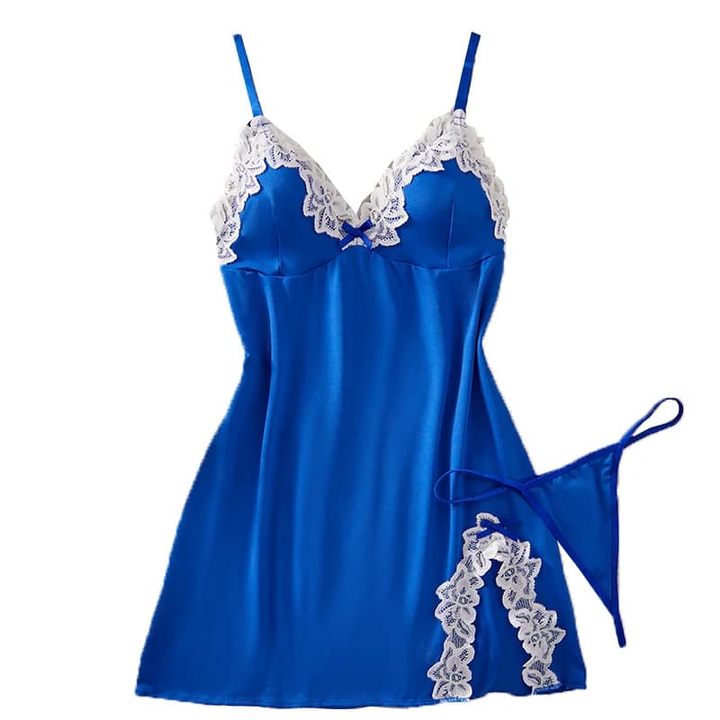 Completo intimo sexy da donna con pizzo e patchwork, camicia da notte con bretelline, lingerie esotica, gonna con spacco, pigiama intero a V profondo