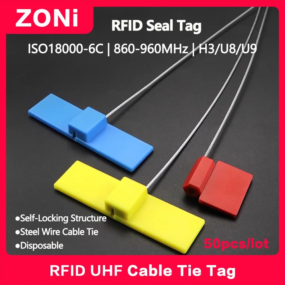 RFID UHF/IC/NFC Etichetta di tenuta Filo di acciaio Fascetta per cavi Tag 18000-6C 860-960MHz NXP U8/U9/H3/H9 IC NTAG213 Chip Etichetta elettronica Tag 50PCS