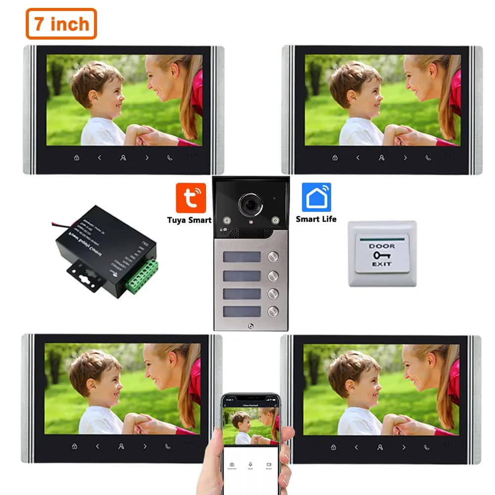 Videocitofono wireless WiFi HD a 4 fili da 7 pollici per appartamenti, sistema citofonico intelligente Tuya per 2/3/4 famiglie