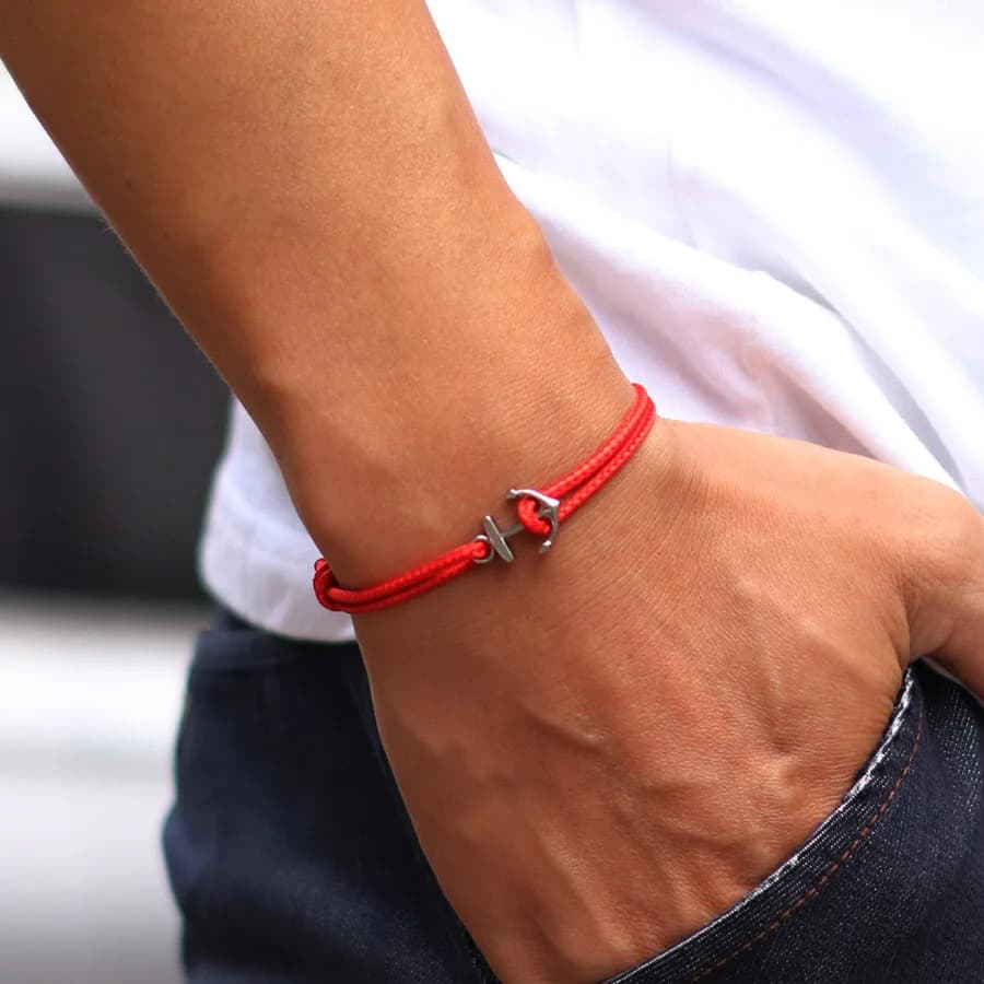 Bracciale rosso fortunato con cordino sottile da 2 mm di grado A, da uomo, in acciaio inossidabile, con ancora nautica, per sport all'aria aperta, accessori per ciclismo