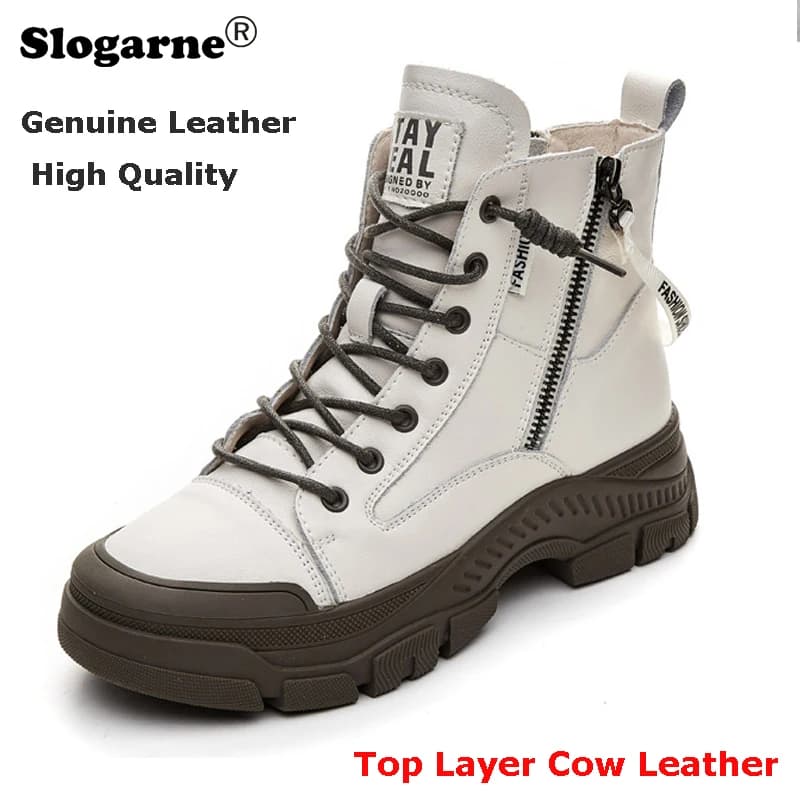 New Genuine Leather Boots Women Winter Cow Leather Ankle Boots Modern High Top Shoes Thick Sole Snow Boots Platform Shoes Bottes