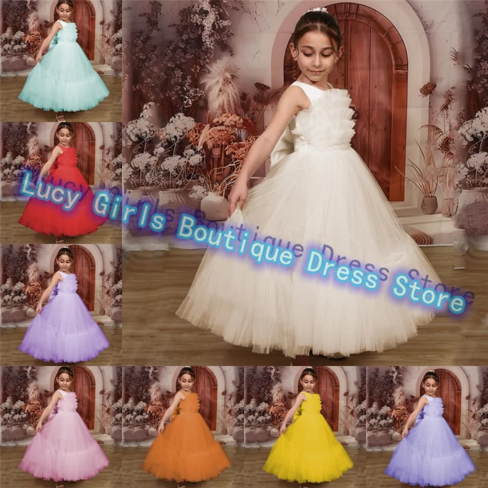 Elegante abito da ragazza di fiori avorio maniche corte in tulle soffice con grande fiocco per ragazze abiti da sera per feste di compleanno con ballo di nozze