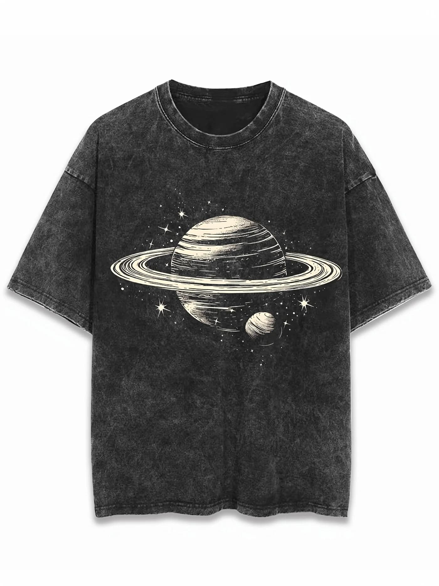 Danqi Yoyo Vintage Acid Washed Black Oversized T-shirt Retro Saturn Planet Star Print Casual Streetwear Unisex Cotton Tee