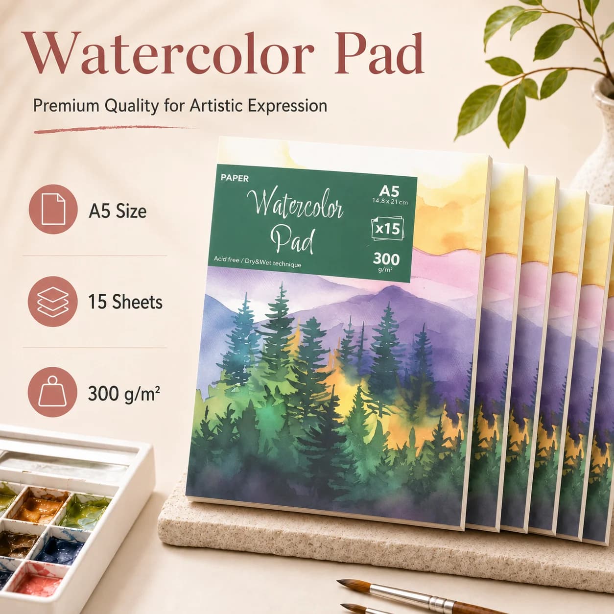 A5 Watercolor Pad 15 Sheets, 300gsm Acid-Free Paper, Ideal for Dry & Wet Painting Techniques, Spiral Bound Watercolor Sketchbook, Back to School Art Supplies for Students & Artists