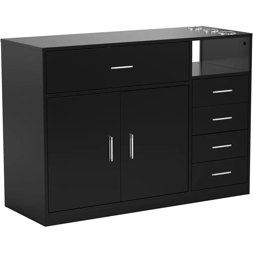 Stylish Hair Salon Stations with 5 Drawers, Storage, Hair Dryer Holders, Black