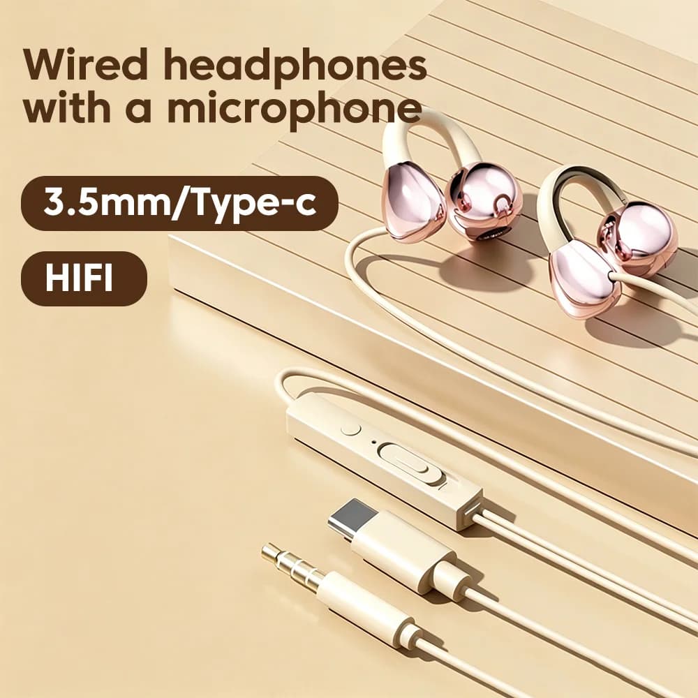 Clip-on Wired Headphones Type C&3.5mm Stereo Earbuds Handfree Sport Gamer Headset Earphones with HD mic For iphone15 Samsung