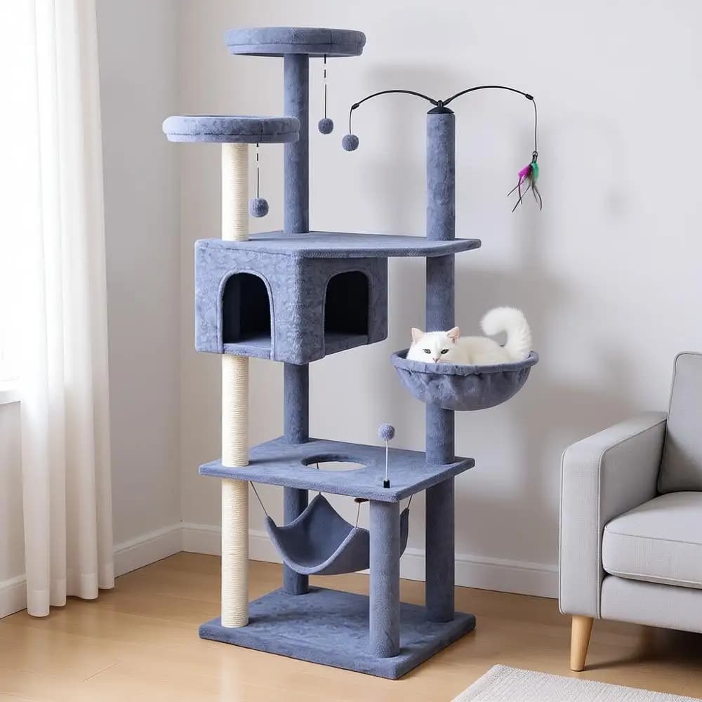 Grande Albero per Gatti con Casetta Multi-Livello, Amache, Giocattolo Rotante (Grigio, 70'')