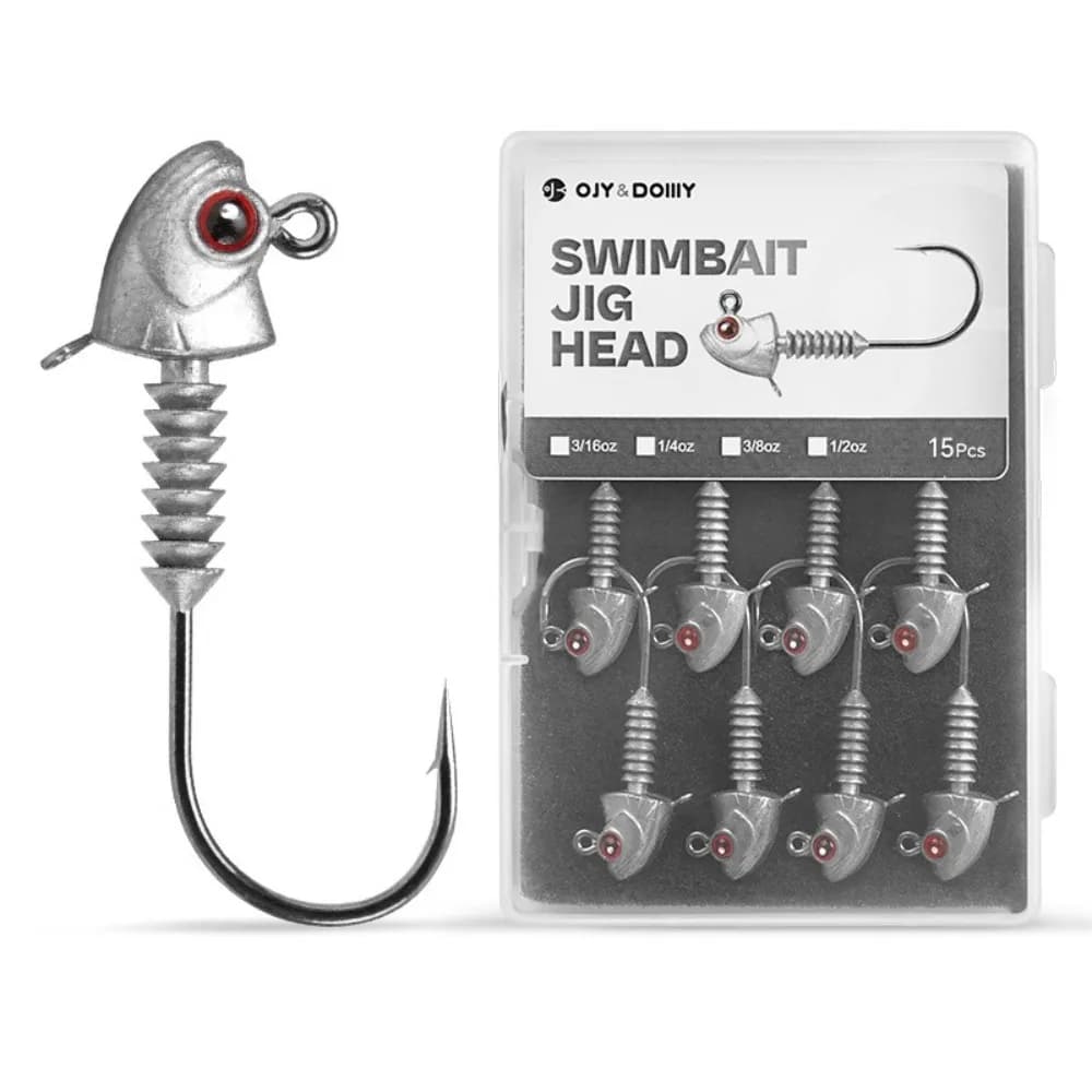 Set di 15 Ami da Pesca in Metallo con Testa Jig e Occhi Luminosi, per Acqua Salata e Dolce, Alta Resistenza, per Esche Artificiali
