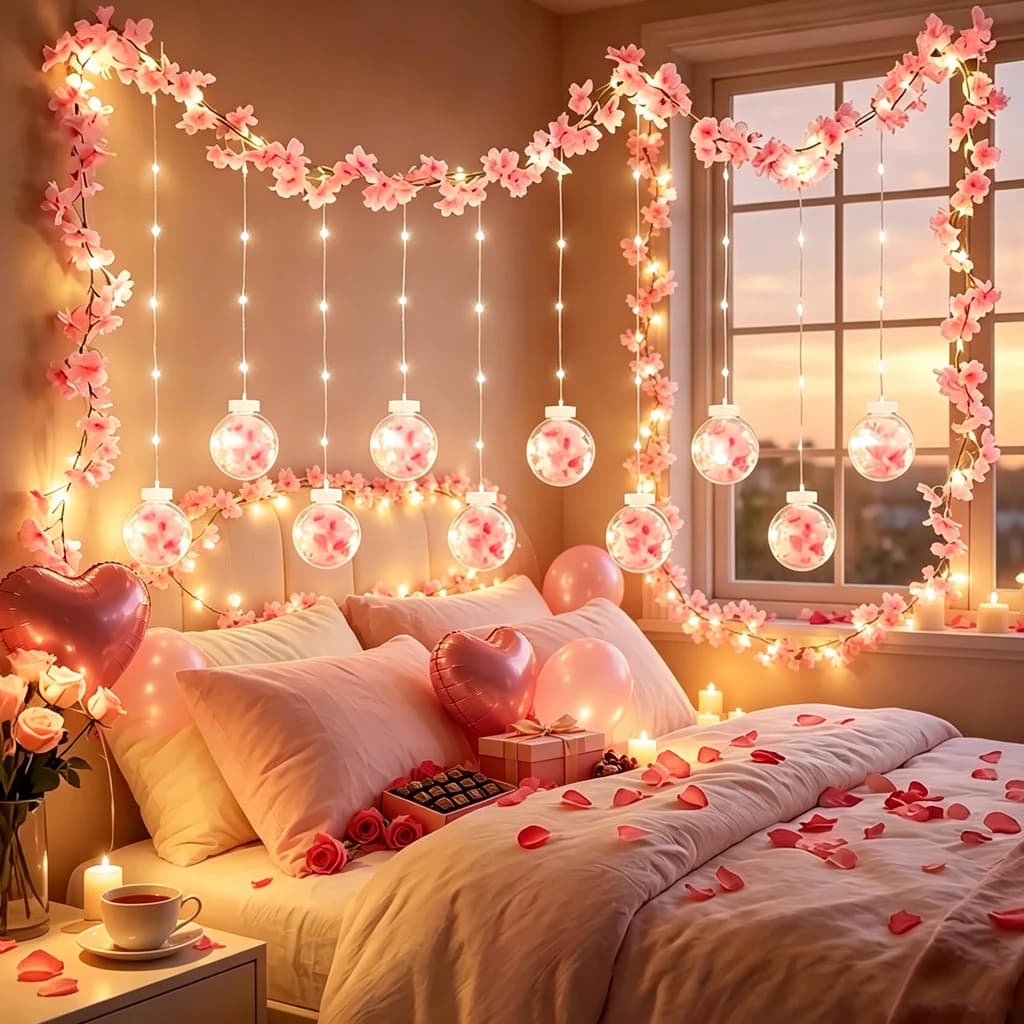 Pink Cherry Blossom Garland String Lights with Hanging Wishing Ball Ornaments, 118 Inch Artificial Flower Vine, 270 Cherry Blooms 108 LED Lights, USB Operated Remote Control 8 Modes, Romantic Fairy Lights for Balcony Bedroom Wedding Birthday Party Spring