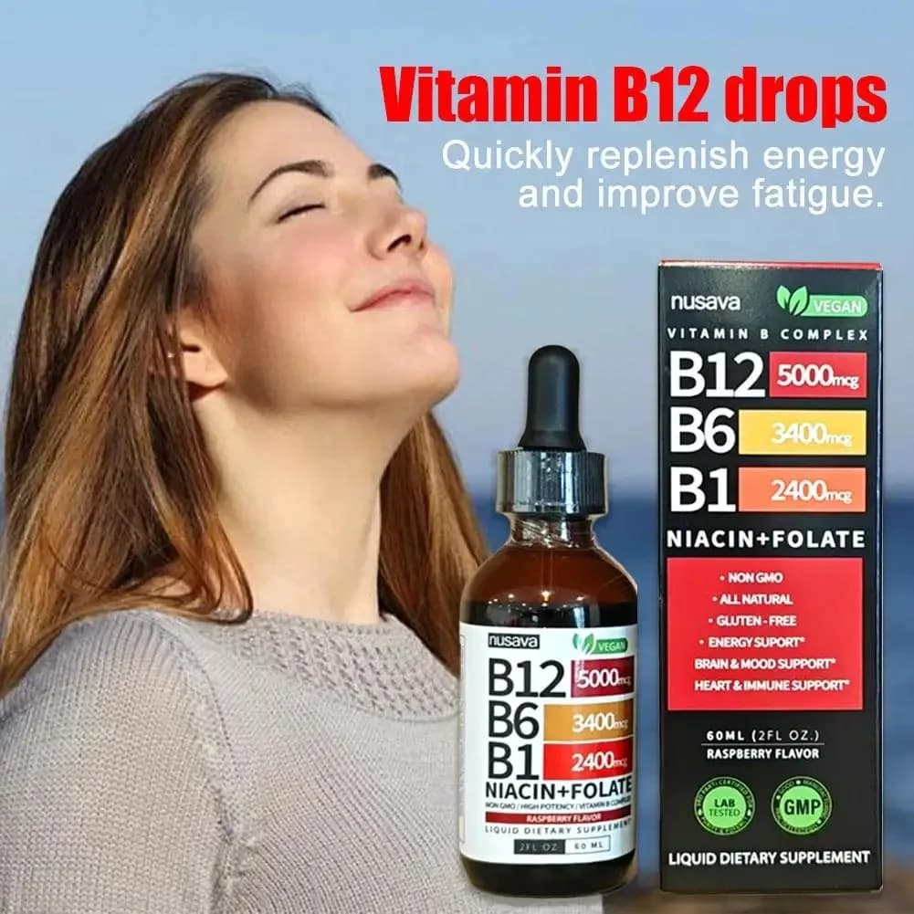 Gocce Liquide Vegane di Complesso Vitaminico B da 60ml, Miscela di B12, B6, B1, Niacina e Folato, Integratore Alimentare Quotidiano per Supporto Energetico Naturale