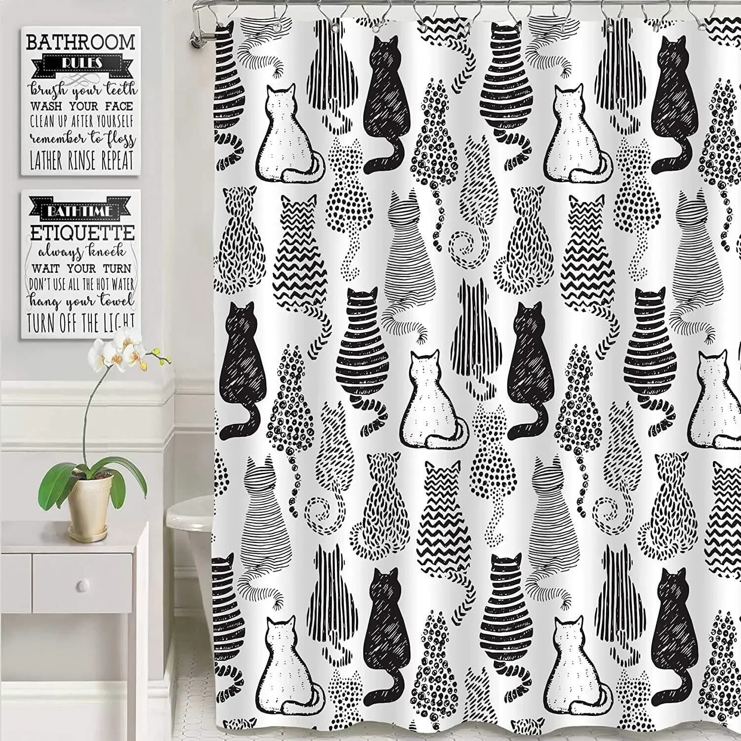 Tende da doccia per gatti in bianco e nero Set carino gattino astratto tema donna e ragazza regali tenda da bagno in tessuto per la decorazione del bagno