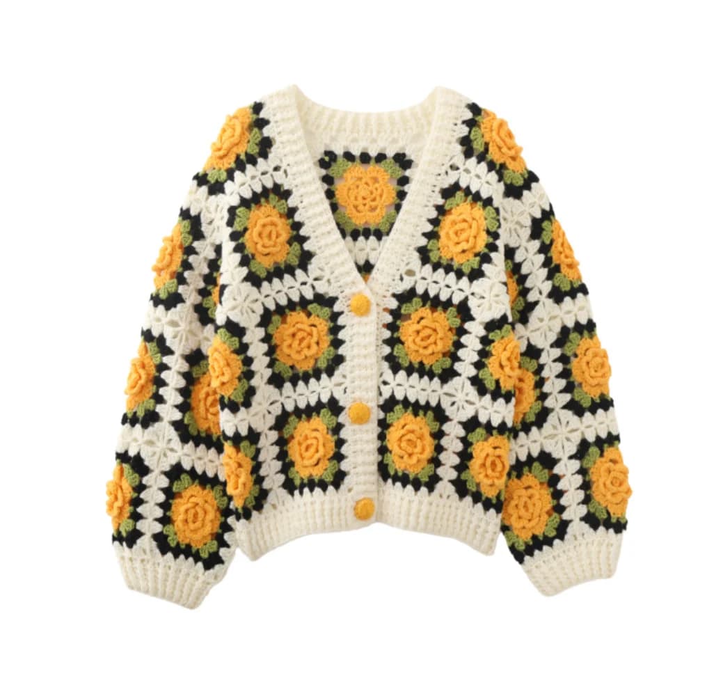 Handmade Sunflower Hollow Hook Wool Blended Knitted Cardigan V-neck Square Crochet Bohemian Sweater Jacket Women Jumper Clothing