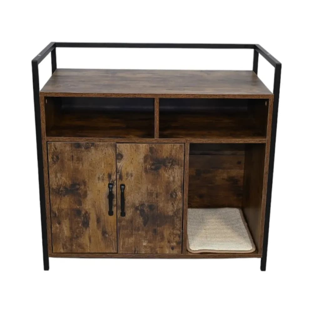 Lettiera per Gatti in Legno Marrone Rustico - Spaziosa e Nascosta con Tappetino (81,5x45x80 cm, 27,7 kg)