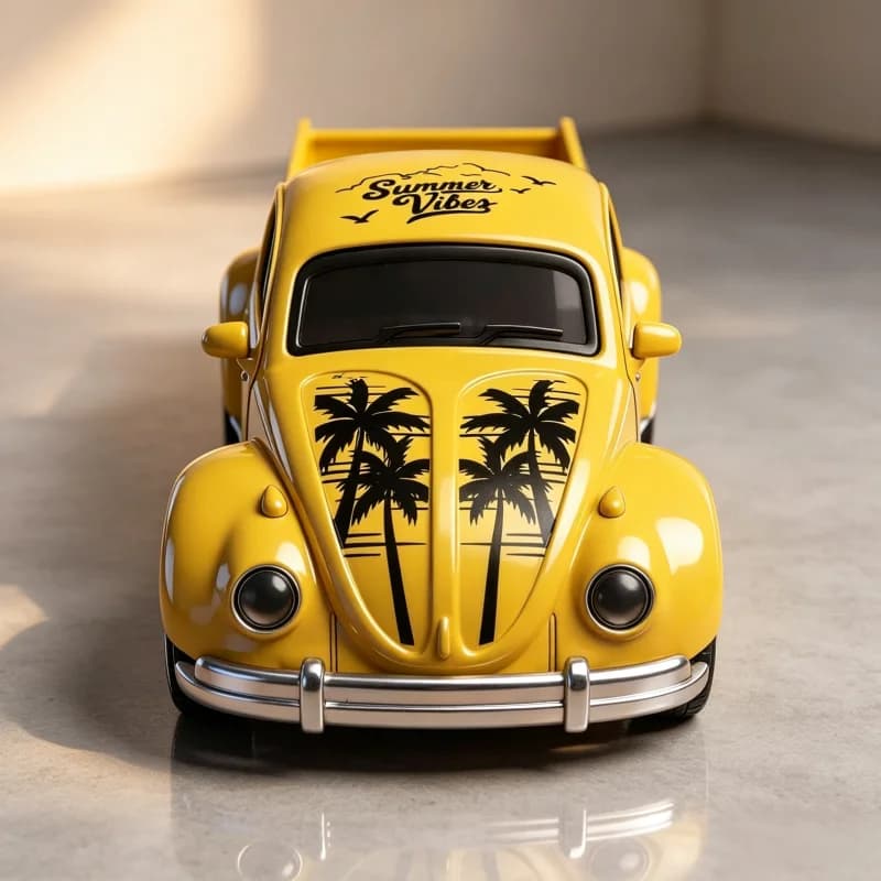 Retro Summer Style Pick‑up Car Model, Palm Tree Pattern Collectible Vehicle Toy, Desktop Display Decor Gift for Hobby Lovers