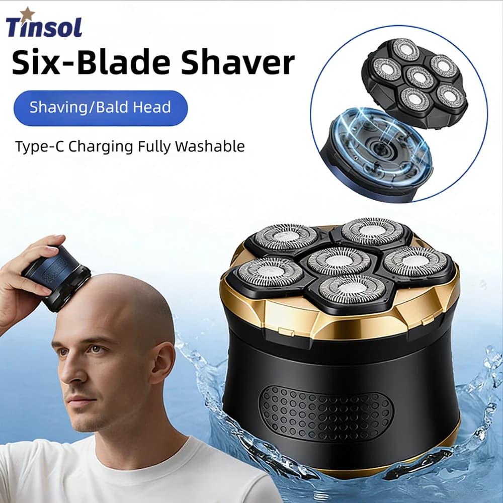 Rasoio Elettrico da Uomo TINSOL 6D, Regolabarba Magnetico Ricaricabile con LED, Impermeabile, Tagliacapelli per Viso e Testa Calva