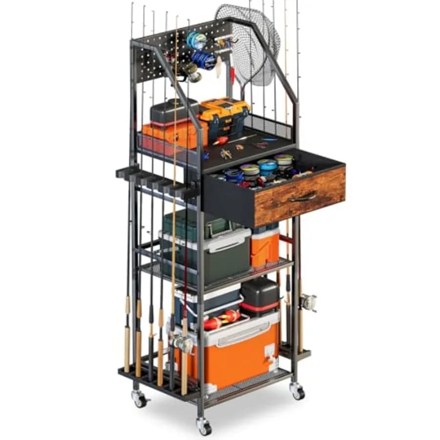 Organizzatore Portacanne da Pesca con Cassetto in Tessuto e Pannello Forato, Soluzione Salvaspazio per Garage, per 12 Canne, Mulinelli, Scatole Porta Attrezzatura, Portaoggetti