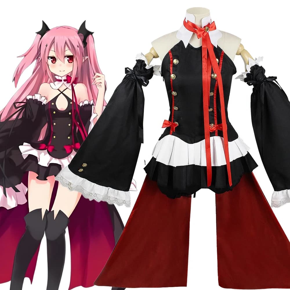Costume cosplay di Krul Tepes da Seraph of The End, abito nero senza schienale con maniche a campana, set completo con accessorio e parrucca per Halloween