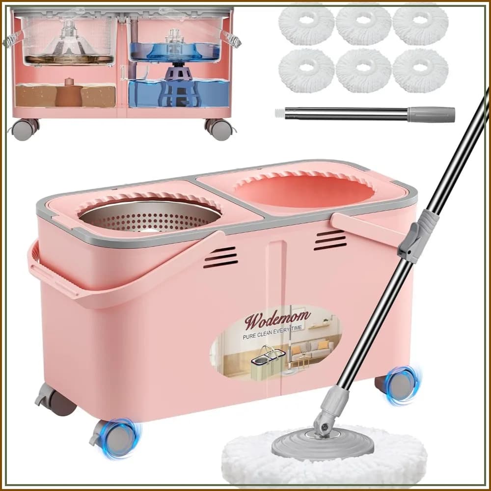 2026 Spin Mop & Bucket Set, 4 Wheels, Separates Clean & Dirty Water, 6 Washable Heads for Wood Tile Vinyl