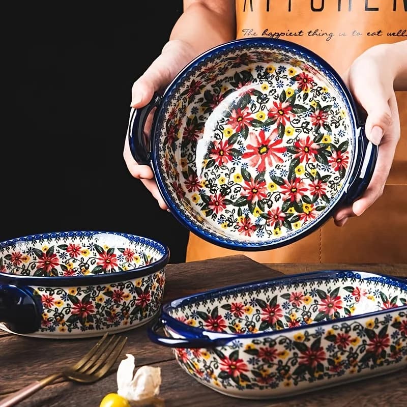 1 pezzo, teglia da forno in ceramica floreale, vassoio con manico, adatto per contenere riso, insalata e formaggio. Un articolo indispensabile per la cucina.