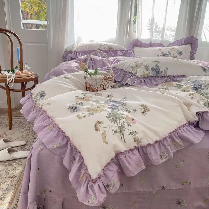 100% Cotton Princess Bed Linen Set with French Vintage Gardenie Print, Volant Cover and Rural Flowers, Sheets and Faithful