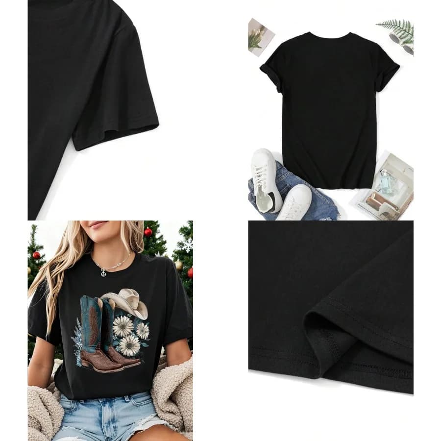 【New style】Cowboy Boots Wildflowers Graphic Print T-Shirt Short Sleeve Crew Neck Casual Top For Summer and Spring Women's Cloth