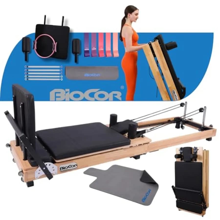 MAX4.0 Pilates Reformer in Legno per Allenamento Domestico con Anello Pilates, Fasce Yoga, Jumpboard, Molle ad Alta Resistenza, Design Pieghevole