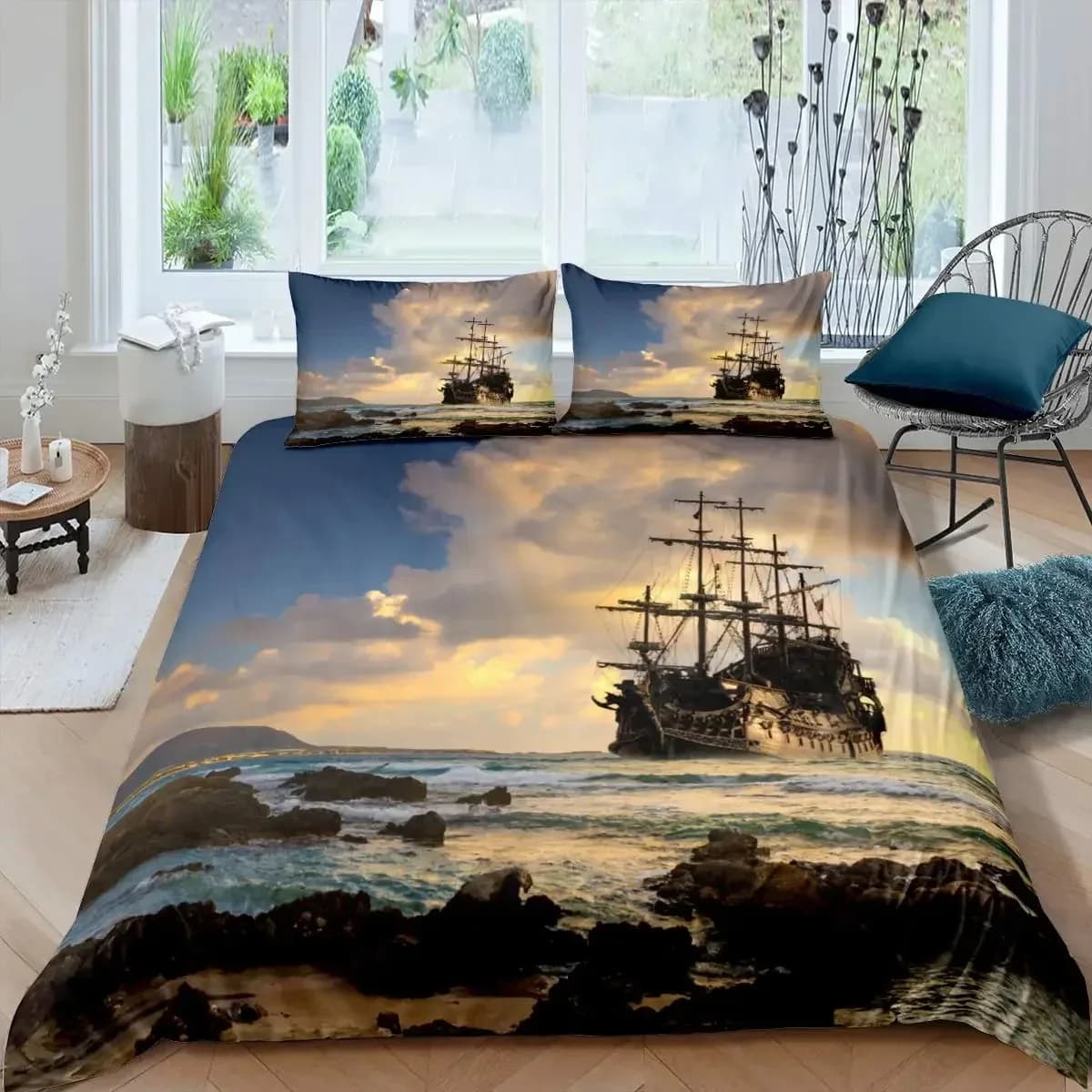 Copripiumino per barca a vela pirata Tema oceano nautico Biancheria da letto per ragazzi e adolescenti Set di biancheria da letto per adulti in stile cool Decorazione della stanza stampata con motivo a onde