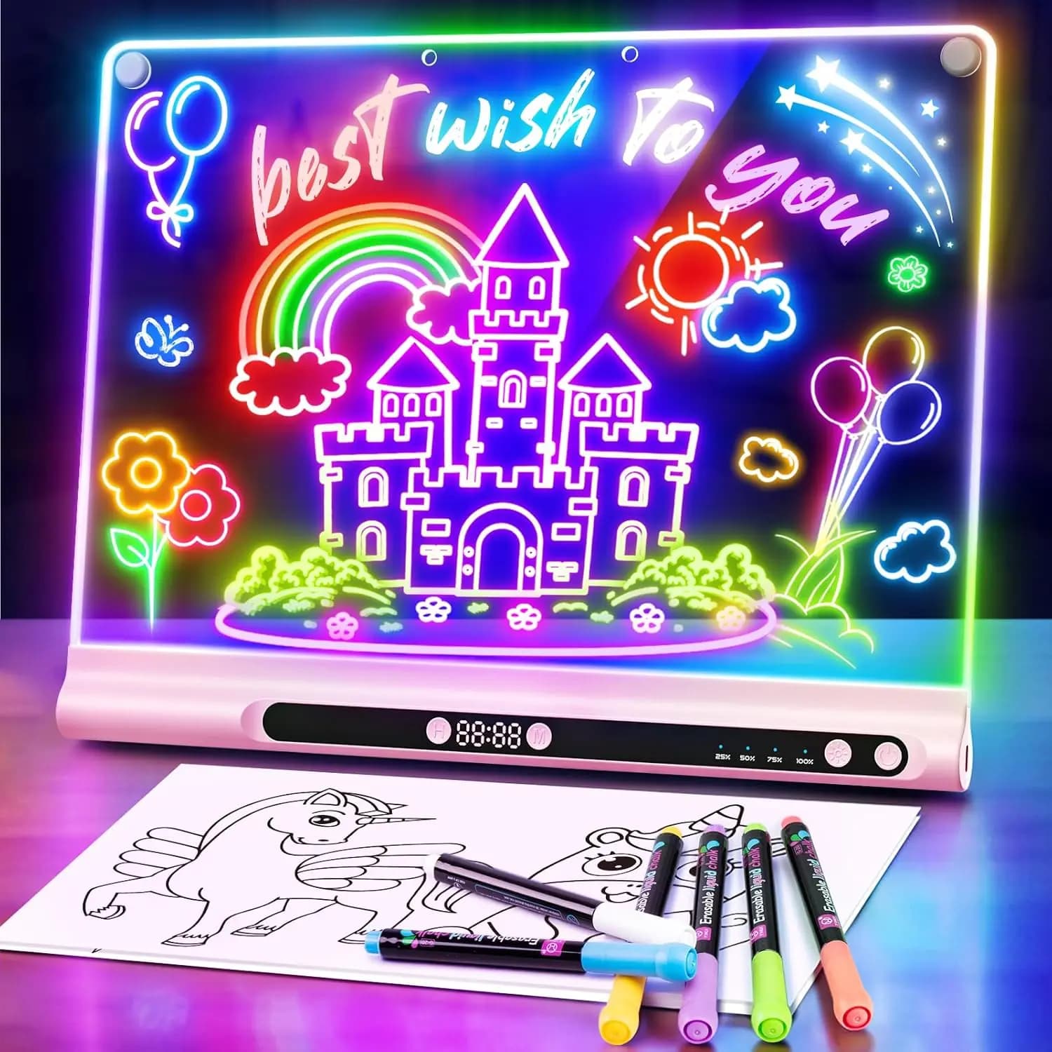 Tavoletta da Disegno LED Ricaricabile da 16 Pollici con 9 Colori, Timer e Supporto, Lavagna Luminosa per Bambini e Adolescenti