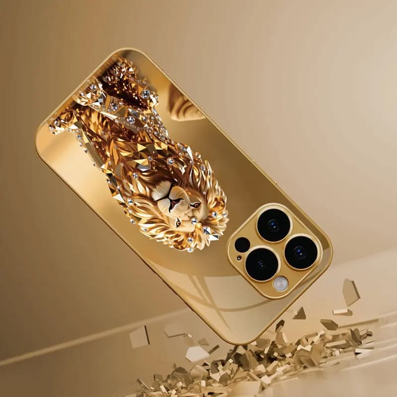 Golden Lion patterned electroplated glass phone case suitable for iPhone 17 16 15 14 13 12 Pro/Max/Plus anti drop and shockproof