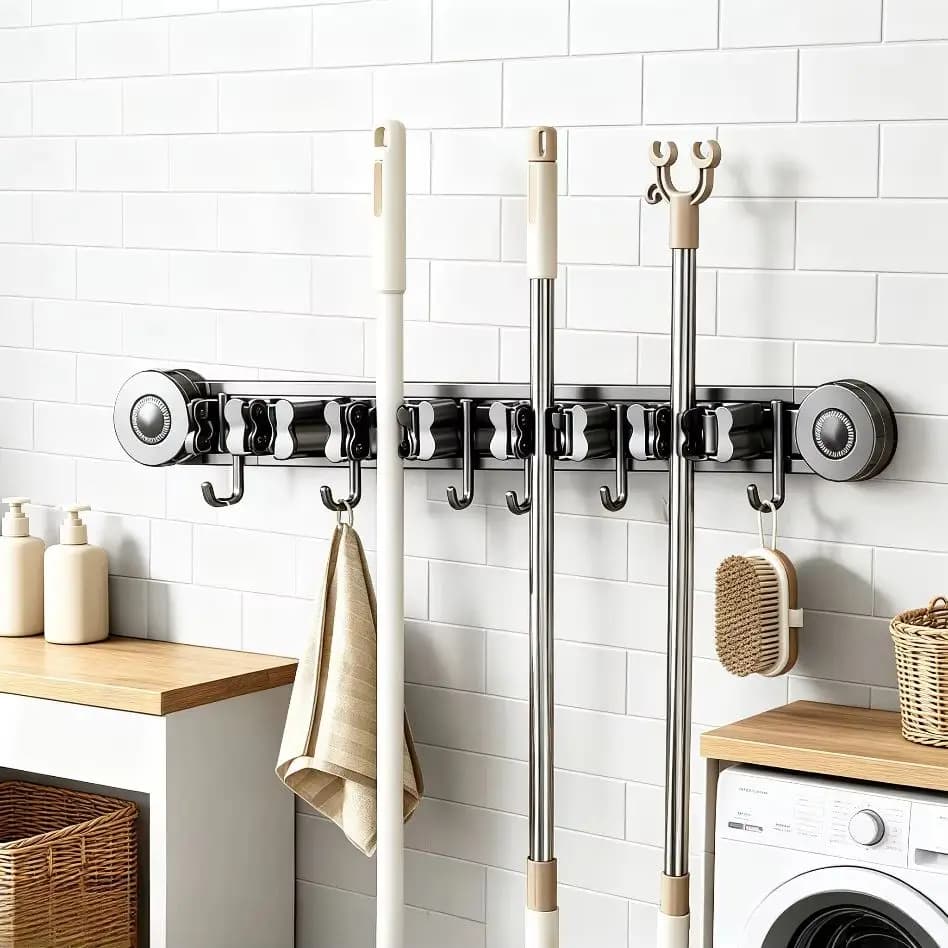 Suction Cup Mop Broom Holder No Drill Wall Mount Cleaning Tool Storage Hooks