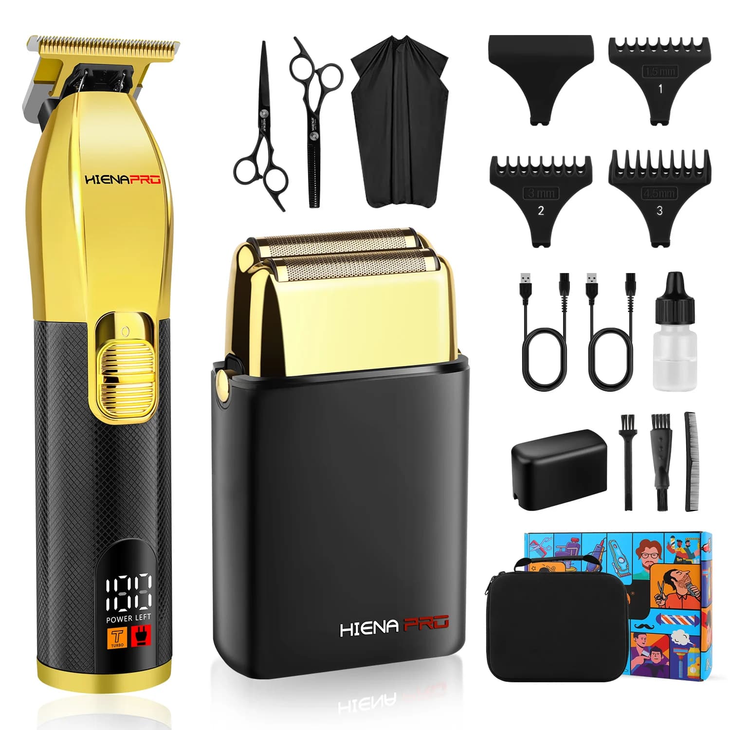 Set Regolacapelli e Rasoio a Lamina HIENA PRO per Uomo, Kit di Cura Personale Ricaricabile Senza Fili con Display LED, Ricarica USB per Casa e Salone