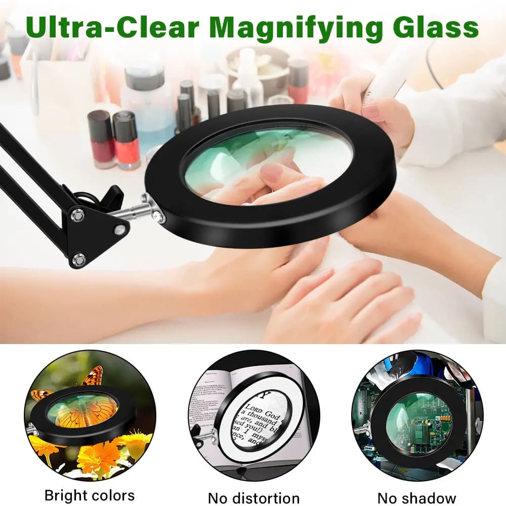 3 Color Mode Stepless Dimmable Magnifying Glass with Light Clamp Magnifier Adjustable Swing Arm LED Desk Lamp for Close Work