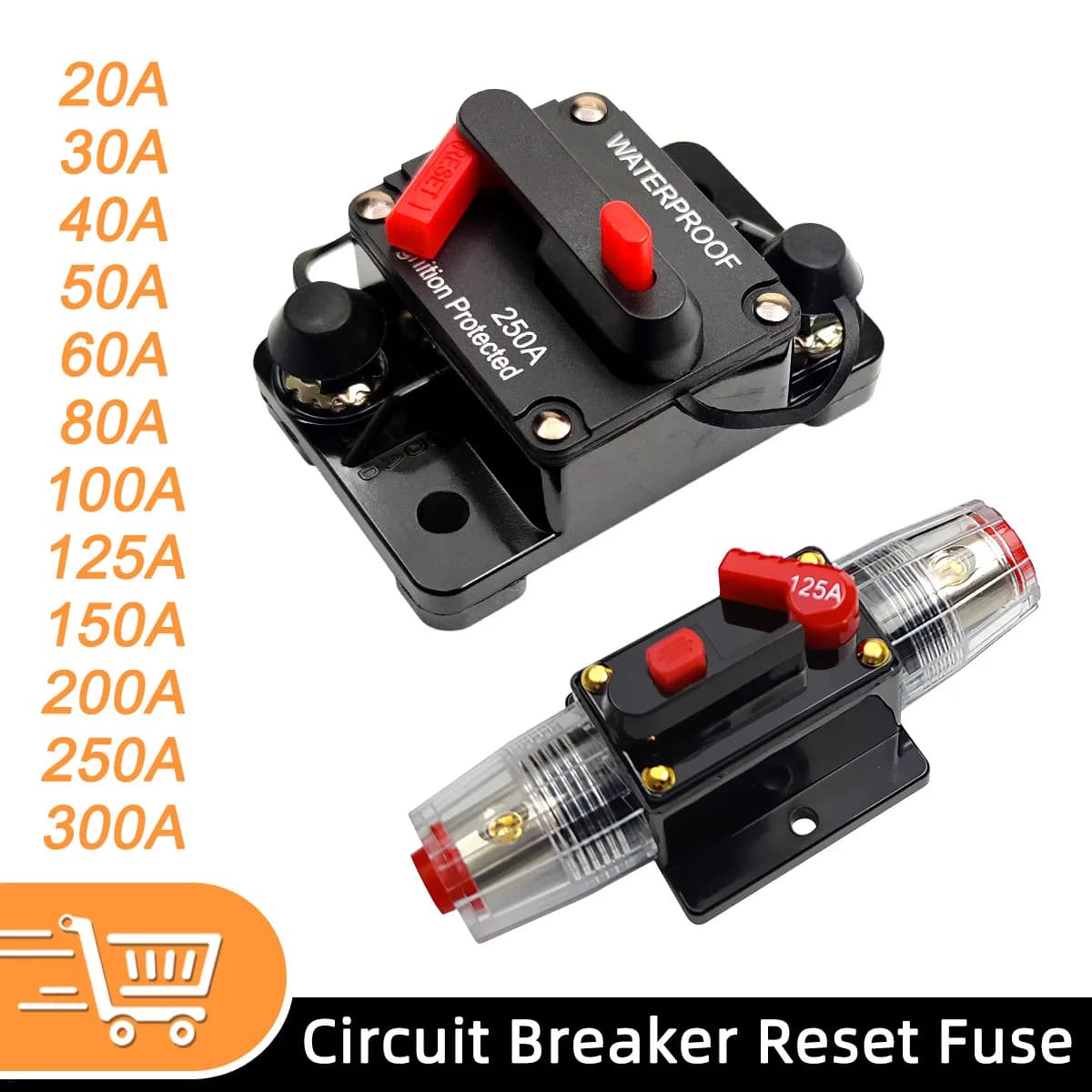 Interruttore Automatico Marino Impermeabile con Reset Manuale 20-300 Ampere per Impianti Audio Auto, Fusibile di Reset 12V-48V DC