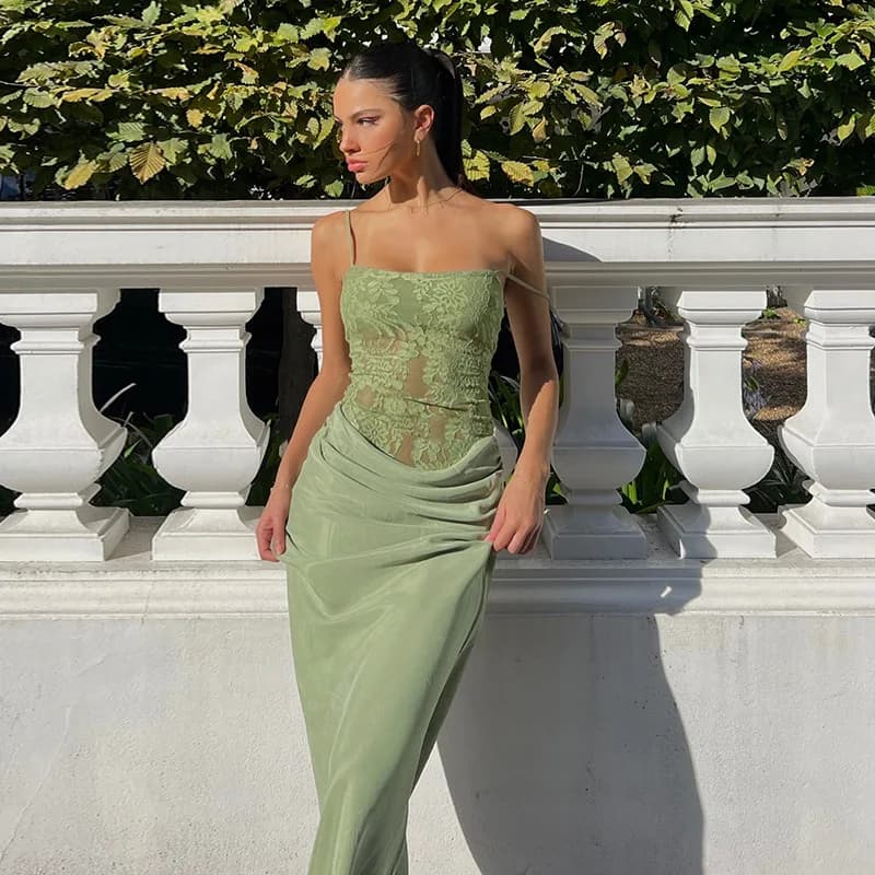 2026 Women Sexy Lace Patchwork Bodycon Dress Solid Color Backless Sleeveless Suspender Evening Party Vestidos