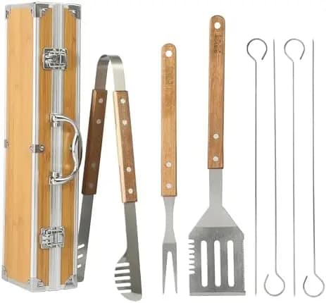 Set di 8 Utensili per Barbecue con Manici in Legno e Custodia per il Trasporto