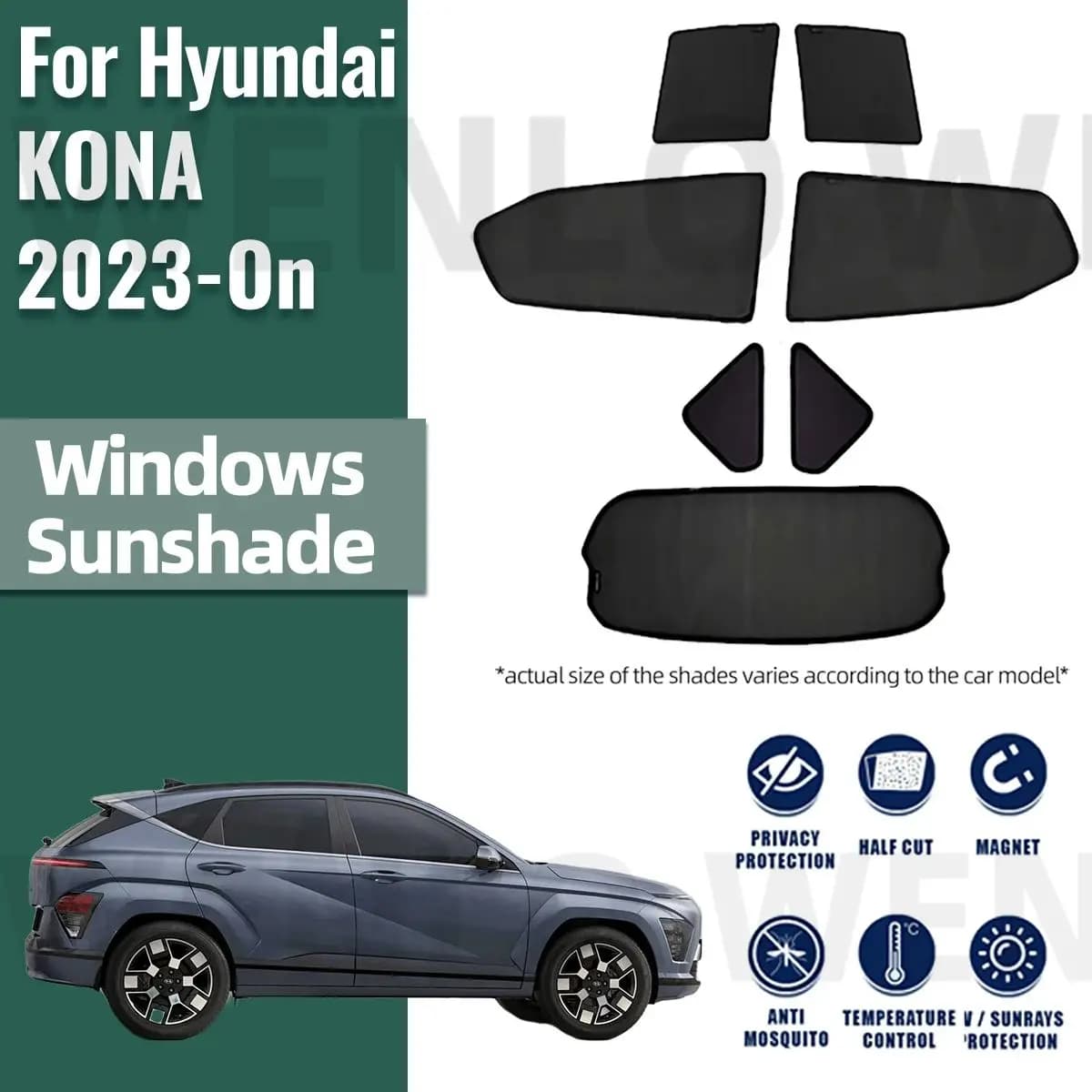 Per Hyundai Kona 2023-2026: Tendina Parasole Magnetica per Auto, Protezione per Parabrezza Anteriore, Tenda a Rete per Finestrino Posteriore, Visiera Parasole per Bambini