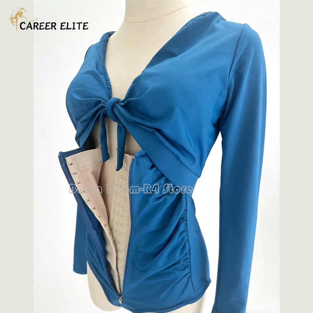 Body modellante contenitivo da donna blu a maniche lunghe - Body snellente con cut-out frontale e chiusura a gancetti