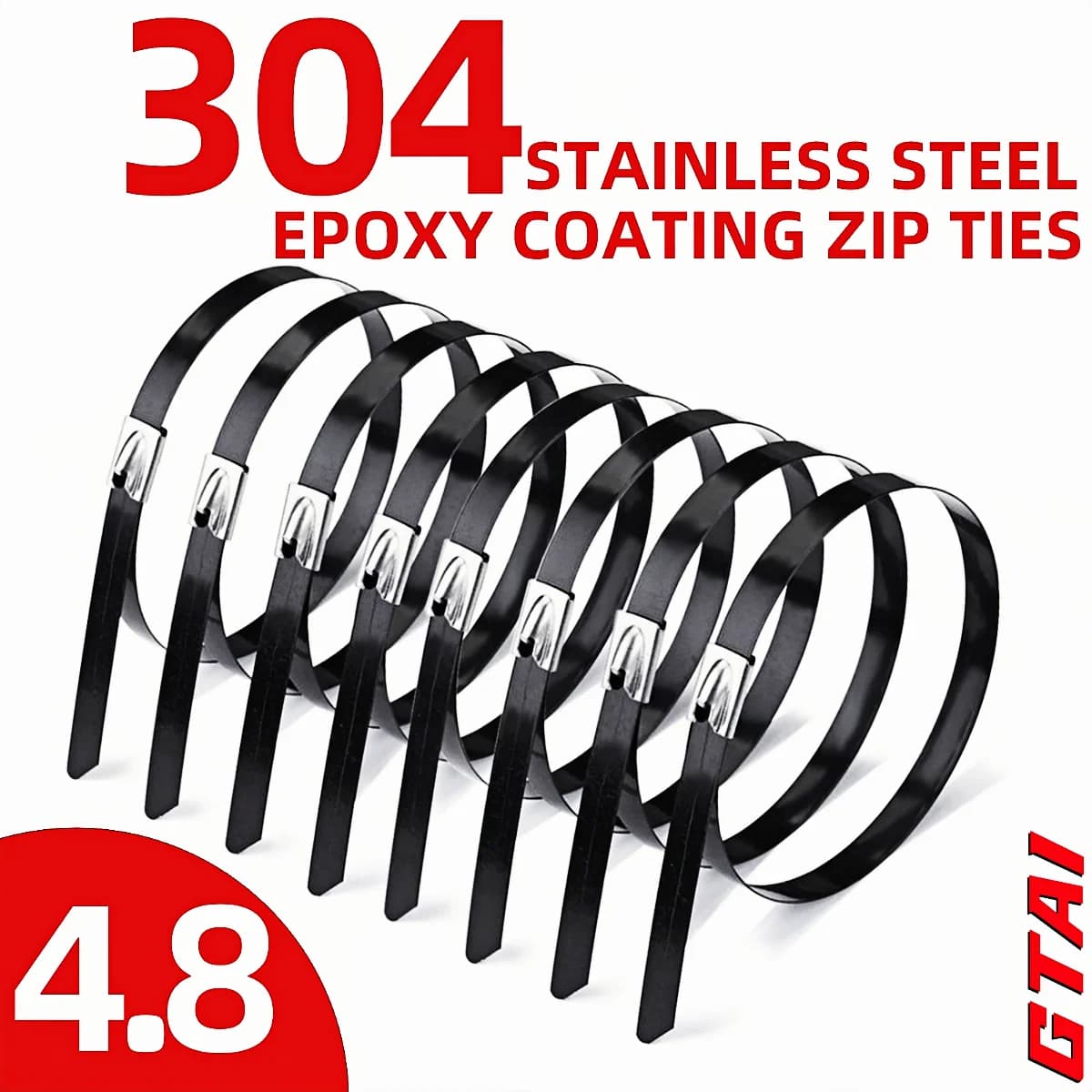 Metal Tie Black 50pcs Heavy Duty 304 Stainless Steel Epoxy Coated Self-Locking Cable Tie for Vehicles, Farms, Pipelines, Fences