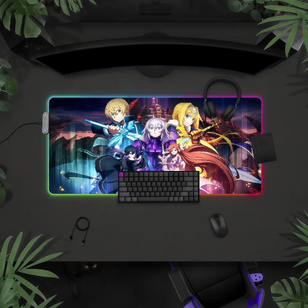 Tappetino per mouse Sword Art Online RGB LED antiscivolo, tappetino da scrivania in gomma, accessori da gaming, grande XXL, tappetino per tastiera da ufficio e computer