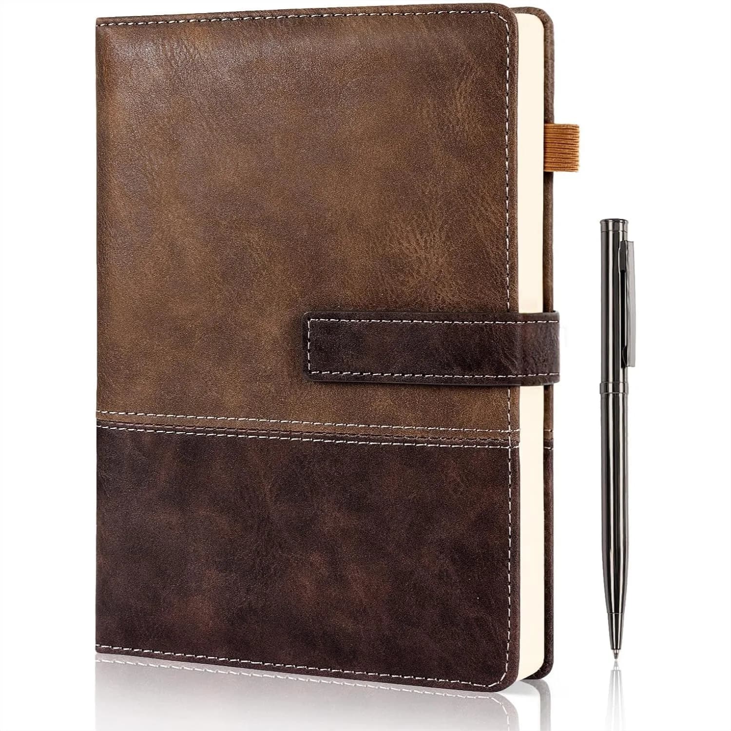 A5 Leather Notebook Journal with Pen, Lined Hardcover 240 Pages, Magnetic Closure for Work, Writing, Note Taking - Brown