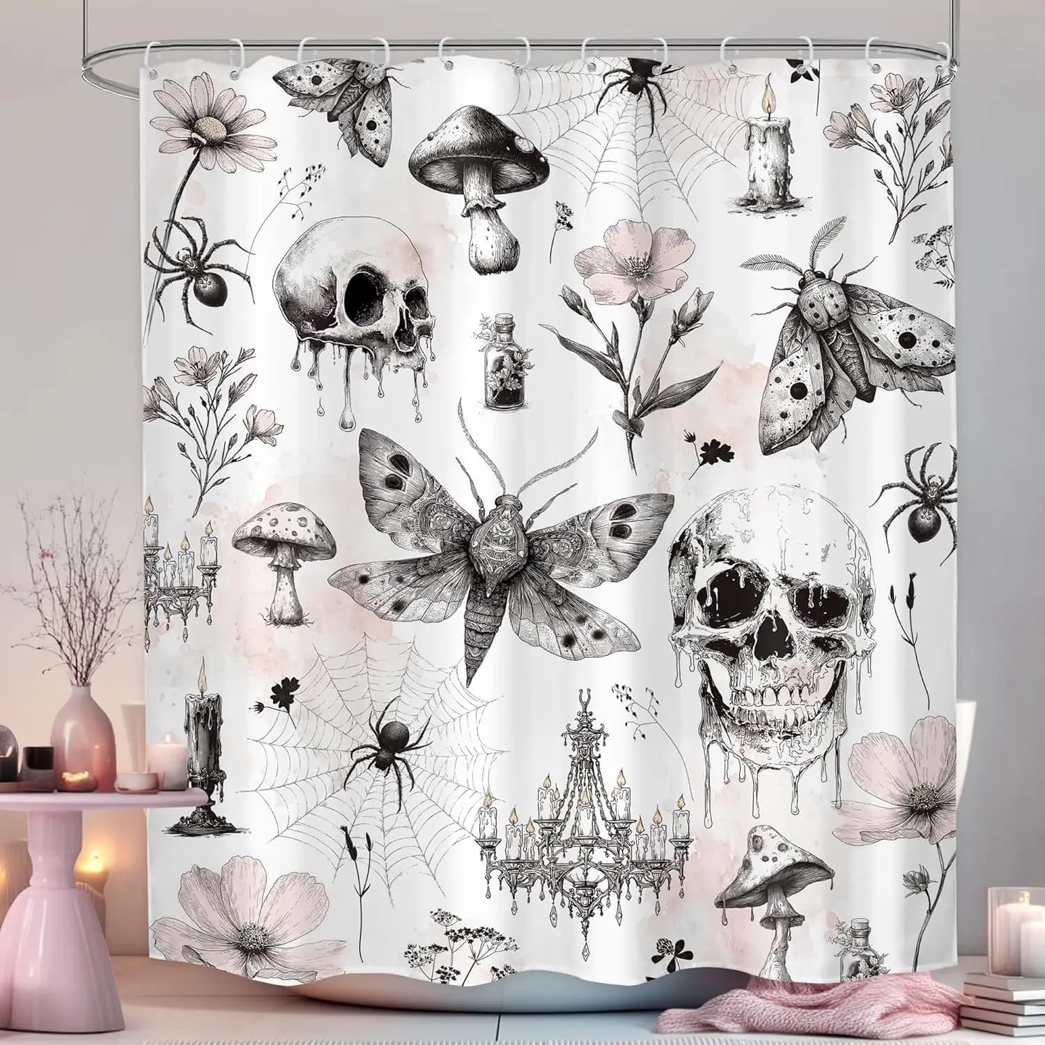 Tenda da doccia con teschio gotico Set da bagno Testa della morte di Halloween Falena Fiore rosa Foglie Ragno Spaventoso Accessori da bagno da strega