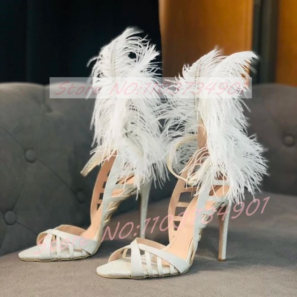 Sandali con Tacco a Spillo Glamour con Piume e Paillettes, Sandali Gladiatore da Donna Sexy con Cinturino alla Caviglia in Pelliccia Bianca, Scarpe con Tacco Alto Eleganti e di Tendenza