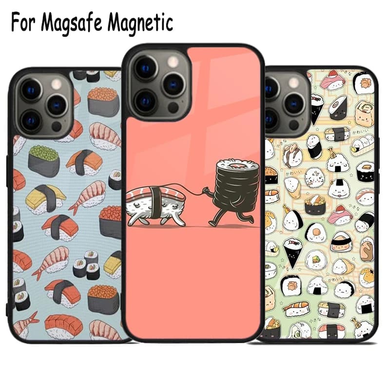 Custodia per telefono con ricarica wireless Kawaii Sushi Crowd per iPhone 17 Air 15 16 16e 14 13 11 12 Pro Max Plus, cover magnetica Magsafe con paraurti