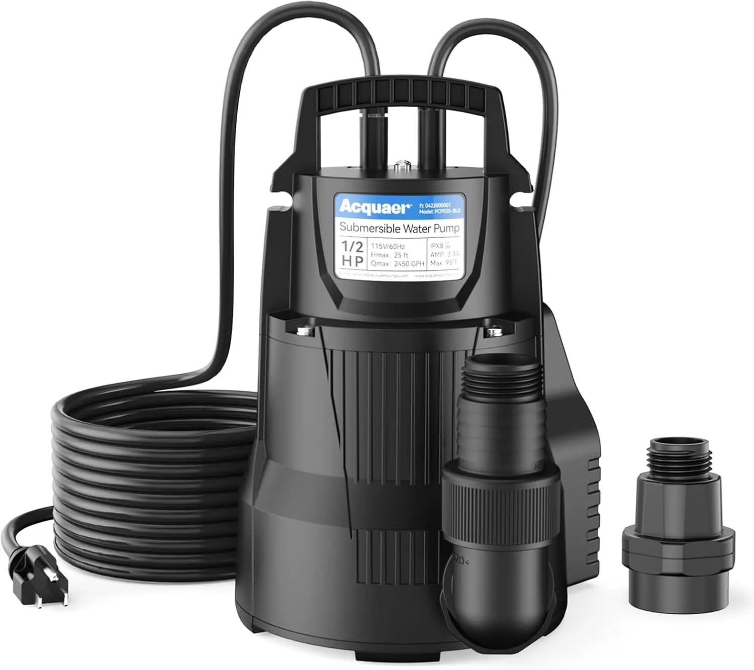 Pompa Sommergibile Automatica con Adattatore per Tubo da Giardino, 1/2 HP 2450GPH per Drenaggio di Seminterrati e Piscine Allagate